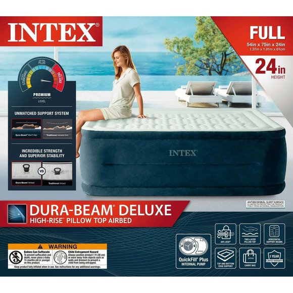 Intex Dura-Beam Deluxe Full Size High Rise Pillow Top Airbed - 24 in height NEW - Picture 1 of 9